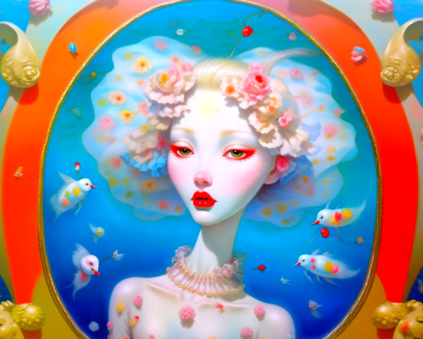 Surreal Portrait of a Woman in a Vibrant Oval Frame
