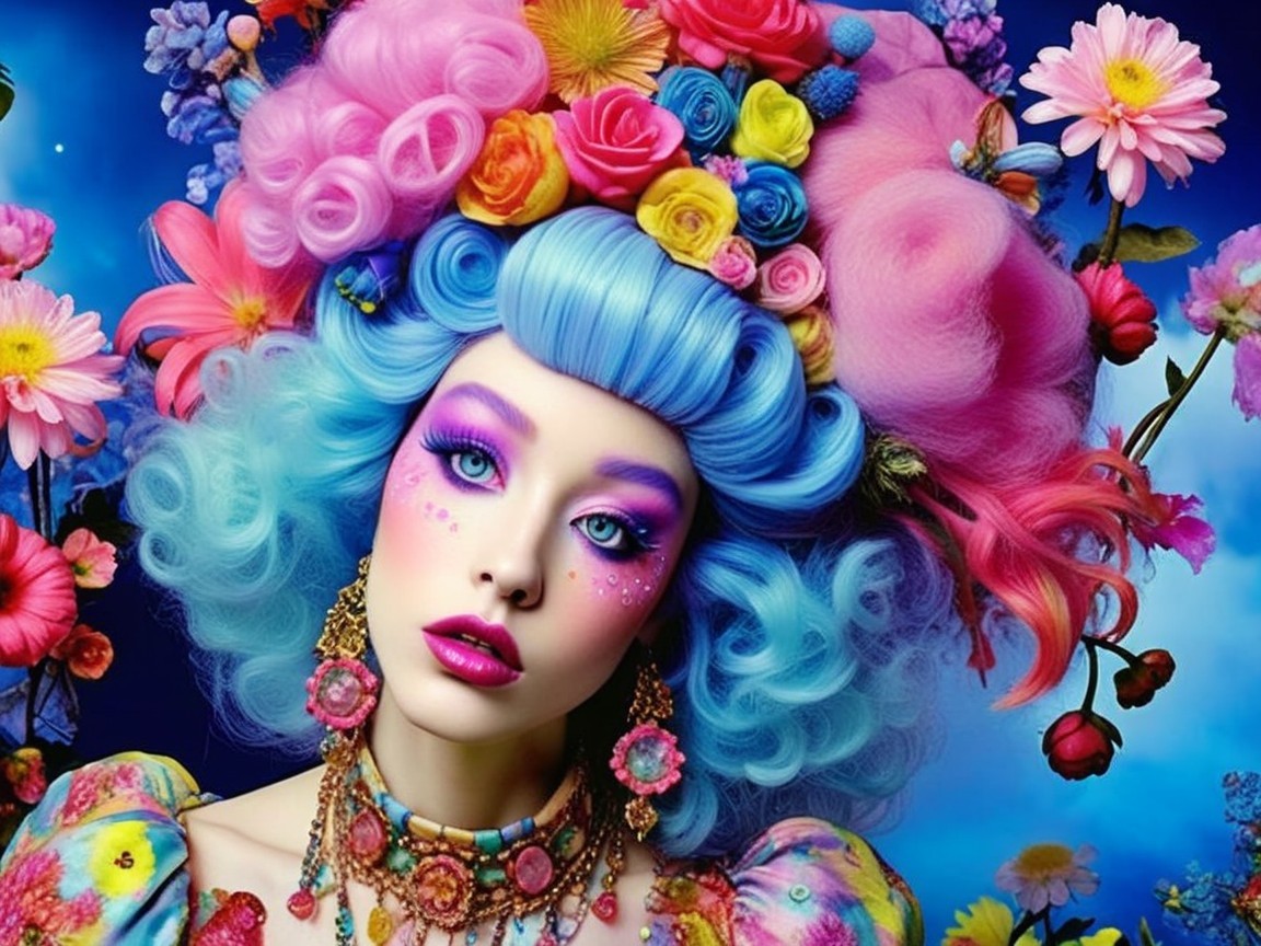 Vibrant Portrait of Model with Pastel Curls and Flowers