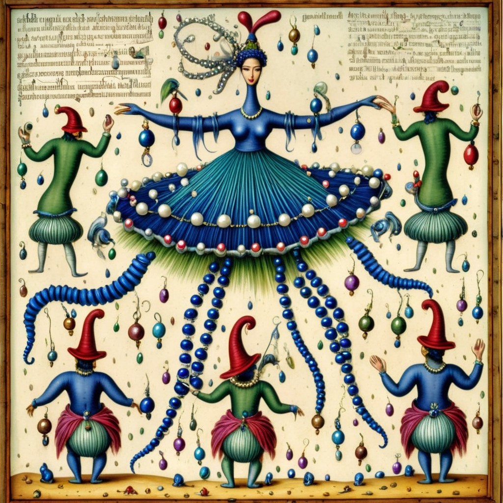 Whimsical Figure with Gnomes in Vibrant Scene