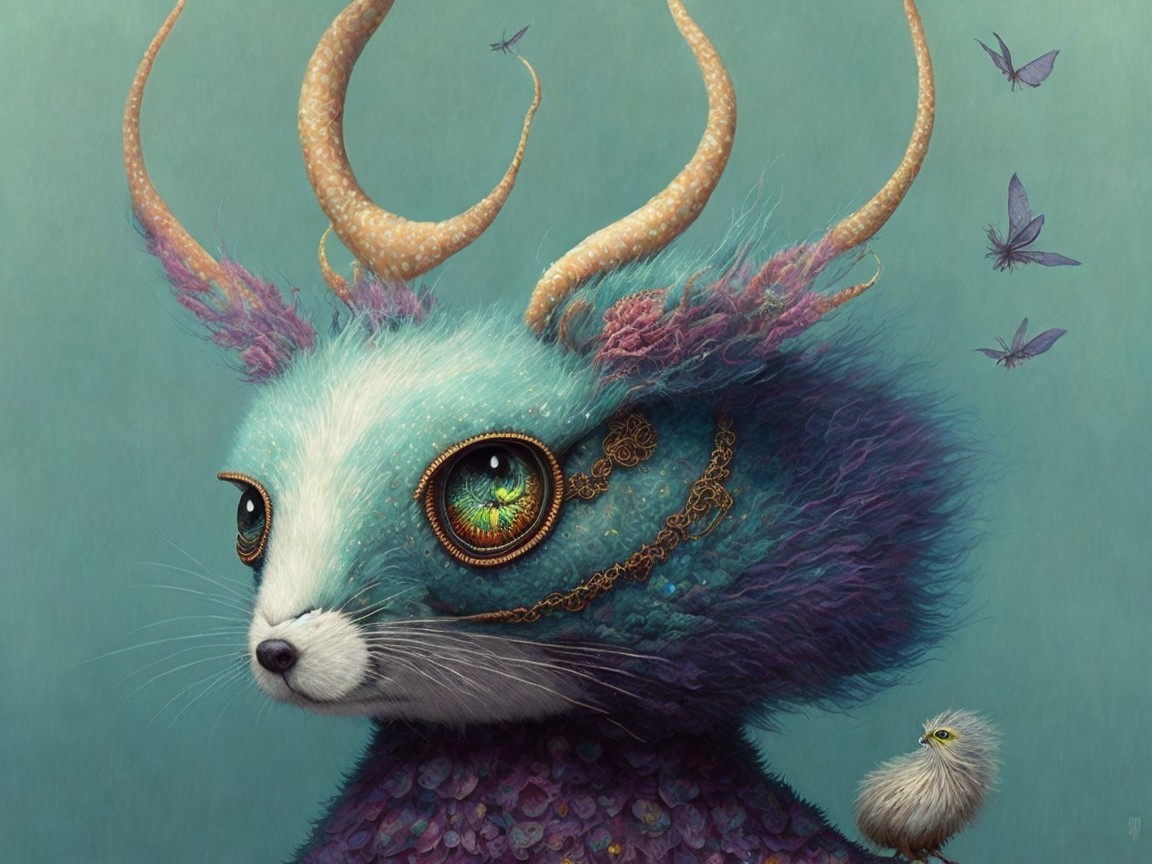 Whimsical creature with turquoise fur and antlers