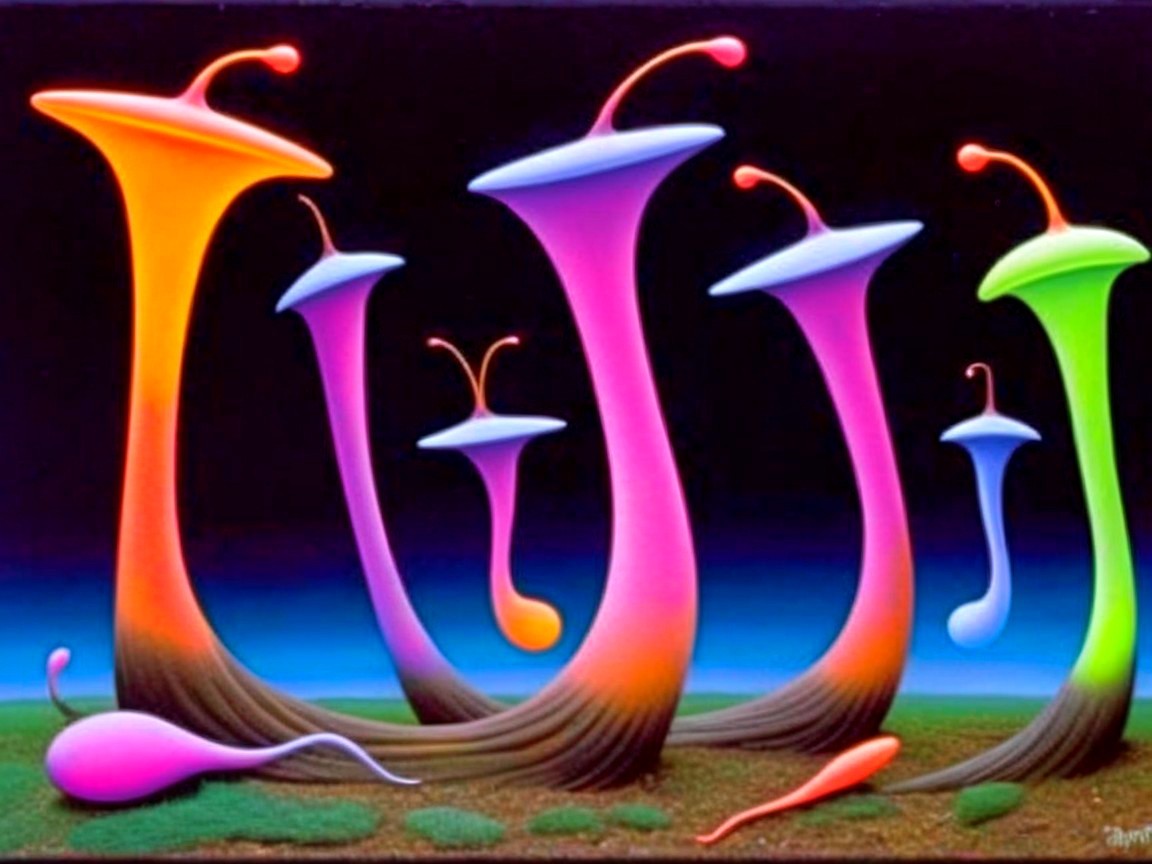 Bioluminescent Night Landscape with Trumpet-Shaped Structures