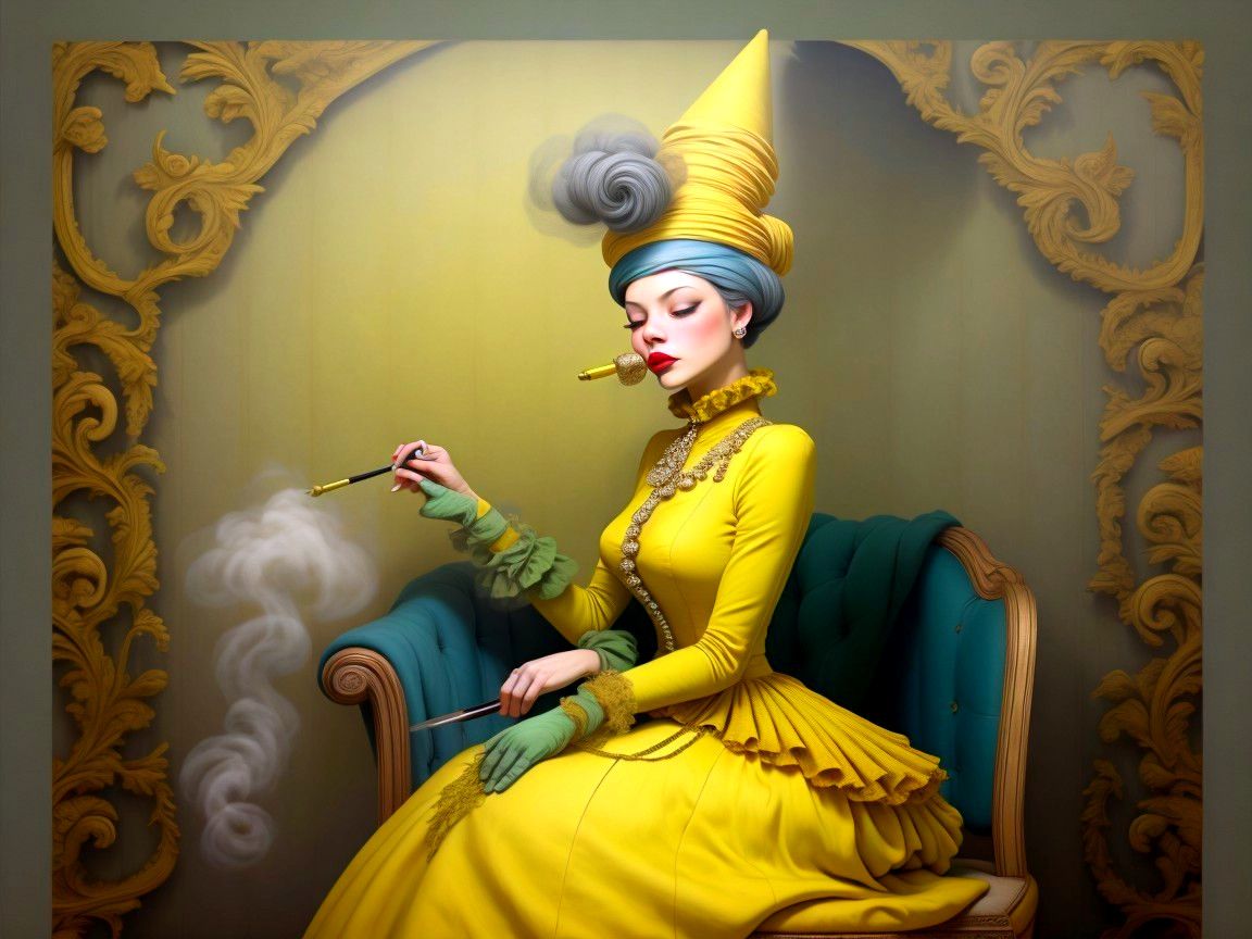 Retro-Futuristic Painting of a Woman in Vibrant Attire