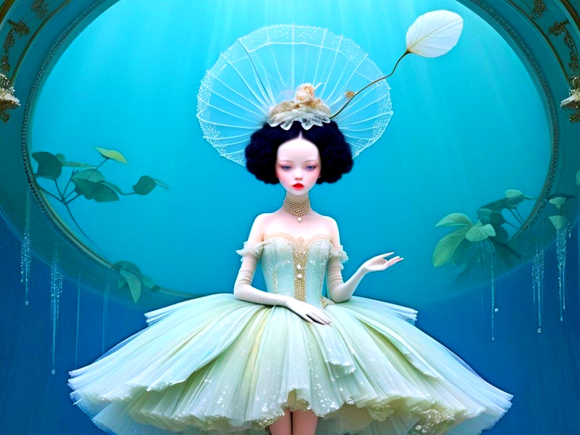 Underwater Doll in Mint-Green Tutu and Flower Cap