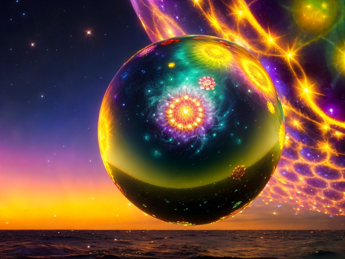 Vibrant Cosmic Scene with Floral Orb Above Sea