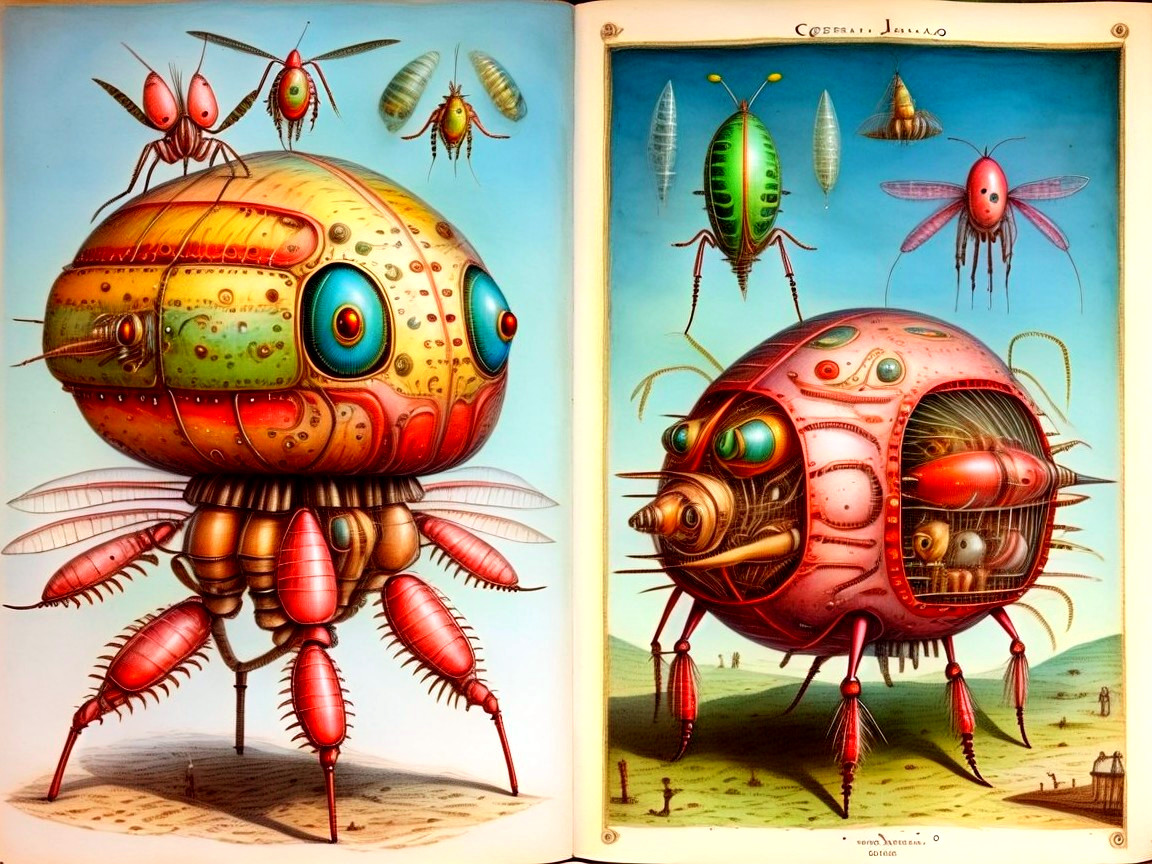 Whimsical Insect-Inspired Robots in Surreal Landscape