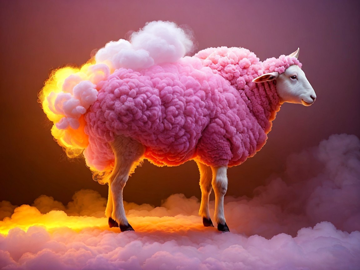 Whimsical Pink Sheep on Fluffy Clouds with Dreamy Sky