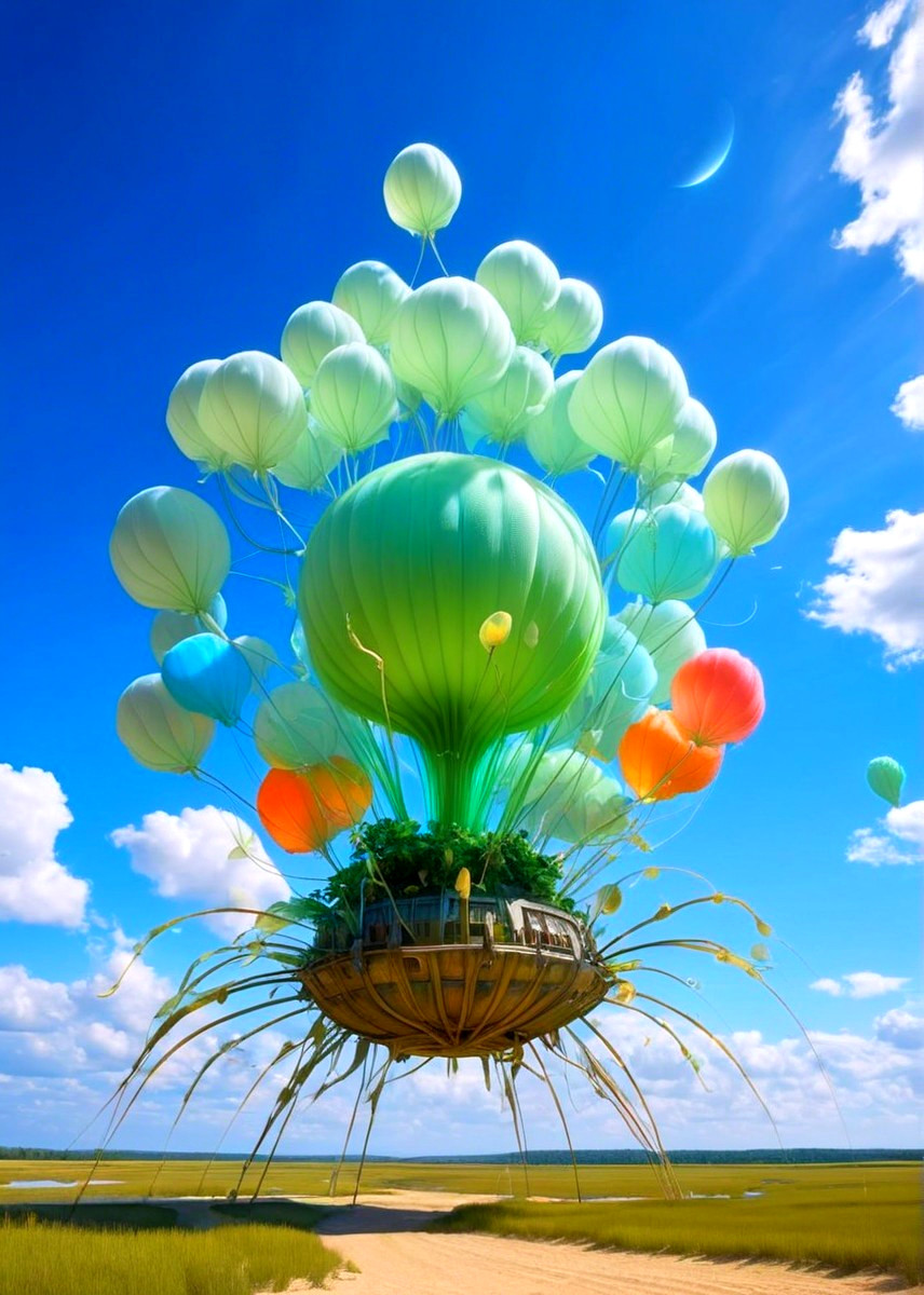 Whimsical Floating Structure Above Serene Landscape