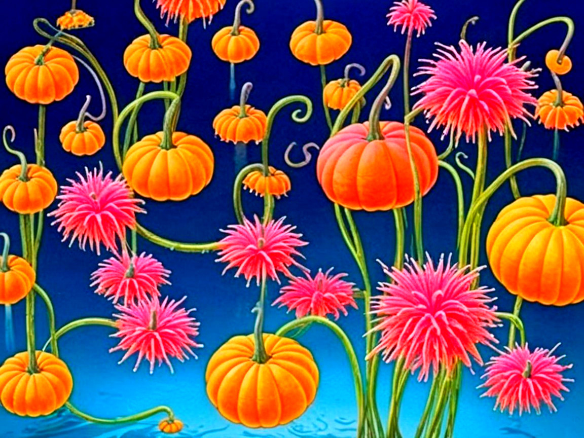 Whimsical Artwork of Pumpkins and Flowers on Blue Background