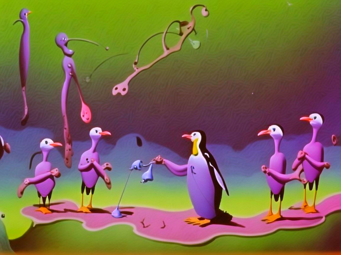 Abstract Oil Painting of Penguin and Purple Creature
