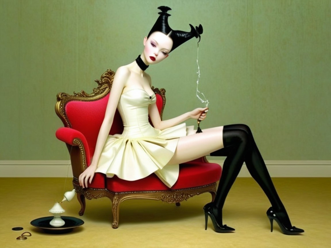 Elegant figure in white dress on red chair
