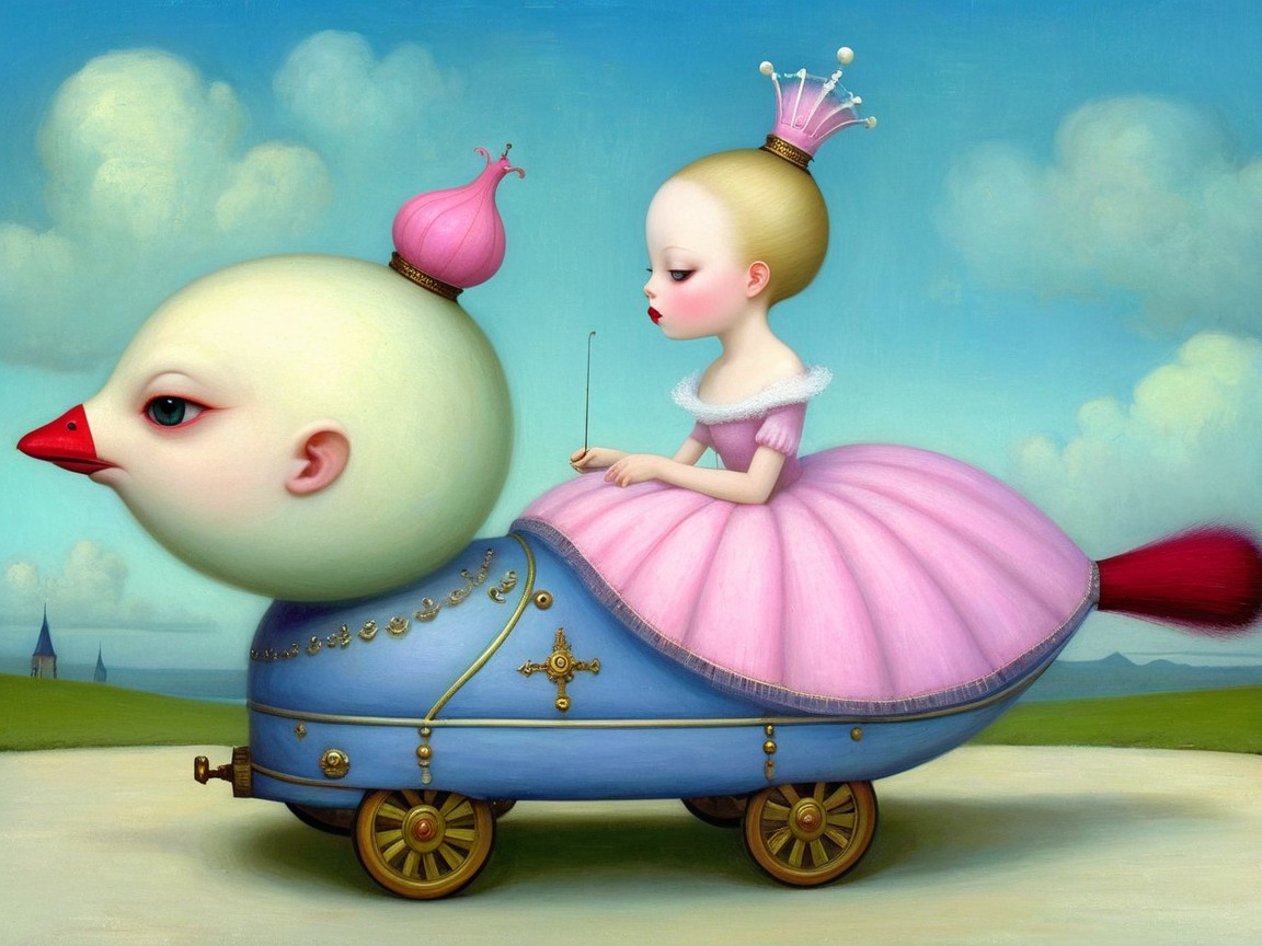 Surreal Scene of Girl on Colorful Bird-Like Creature