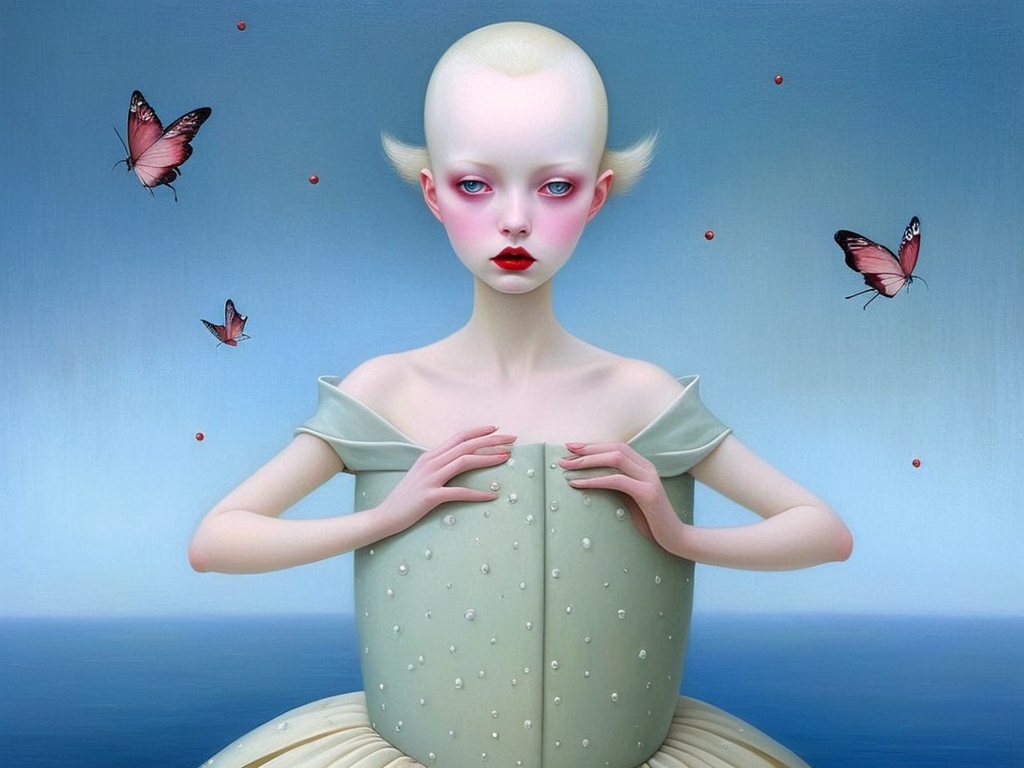 Surreal Portrait of a Pale Woman with Butterflies