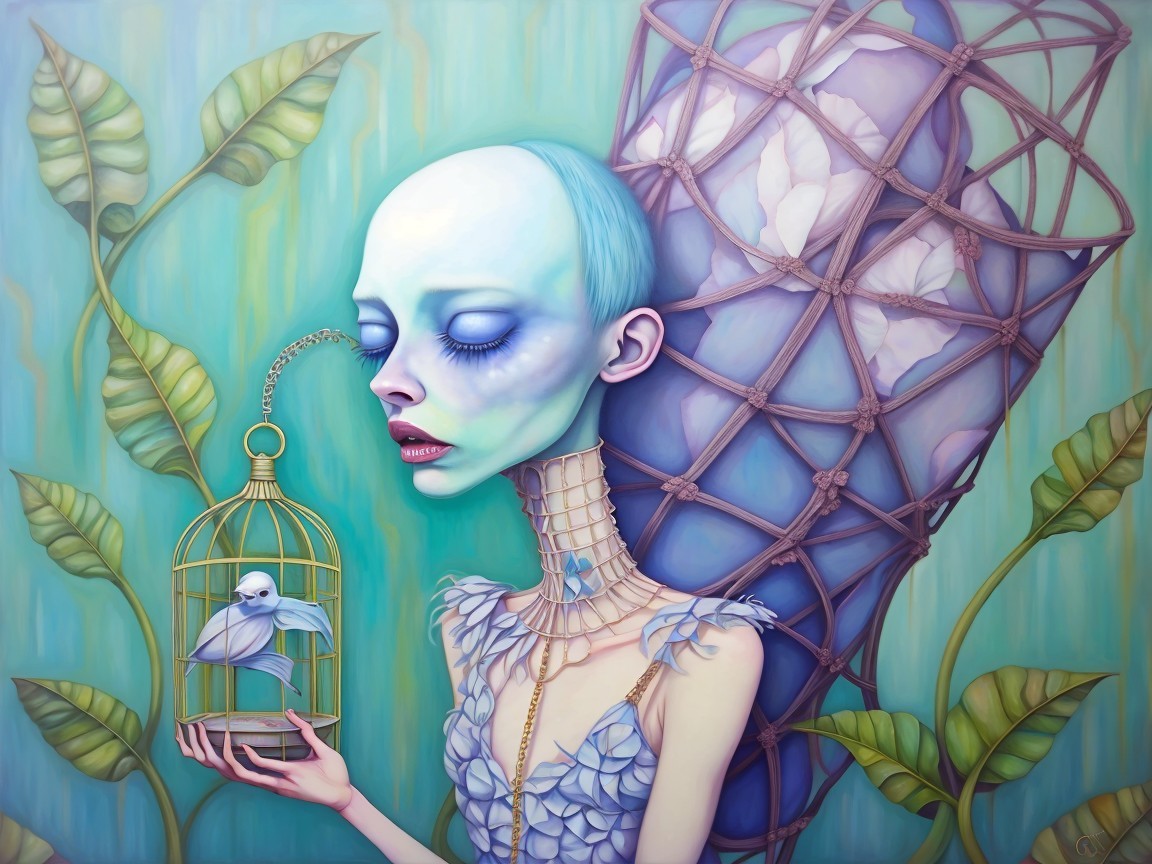 Surreal Artwork of Ethereal Figure with Birdcage