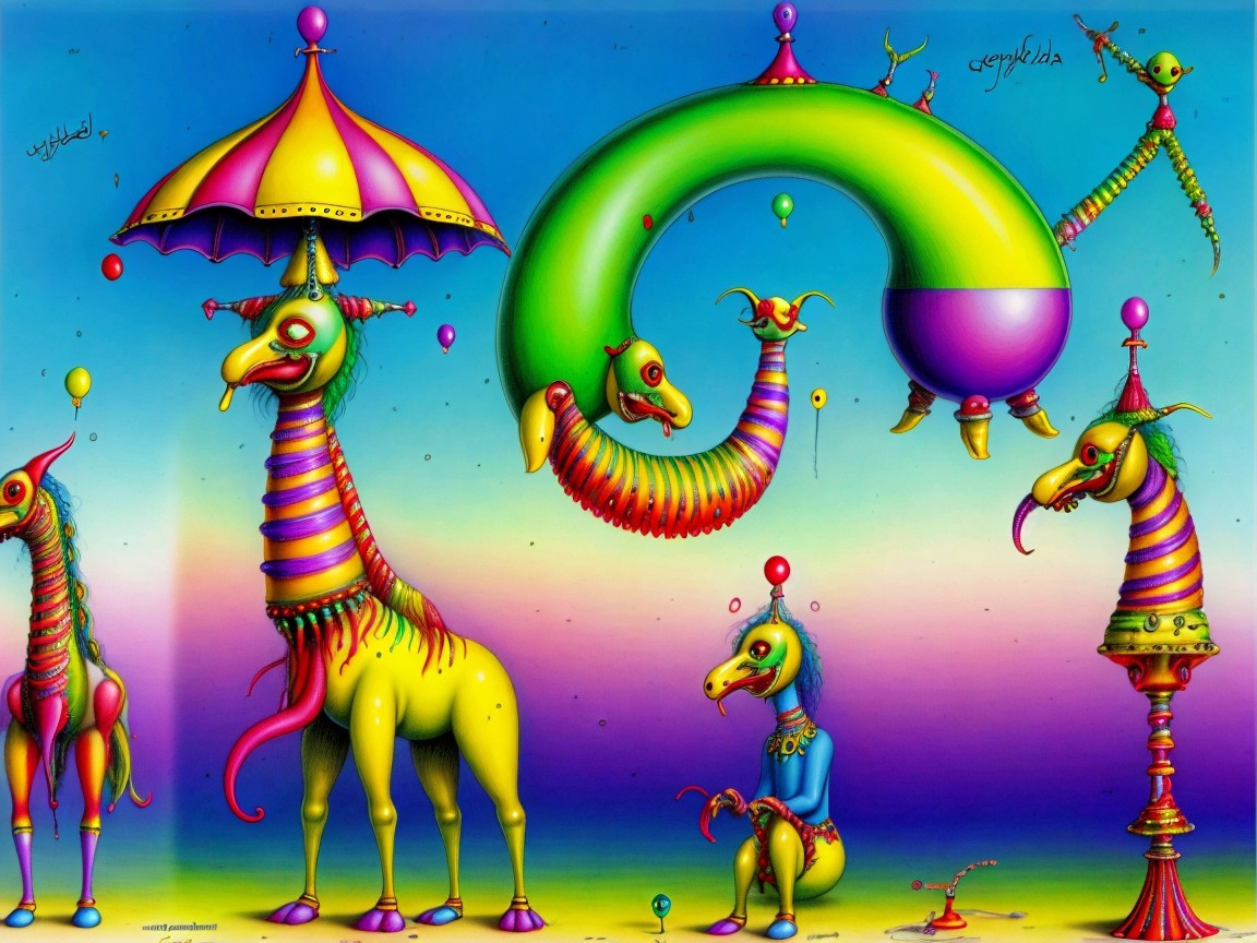 Vibrant Illustration of Whimsical Creatures and Balloons