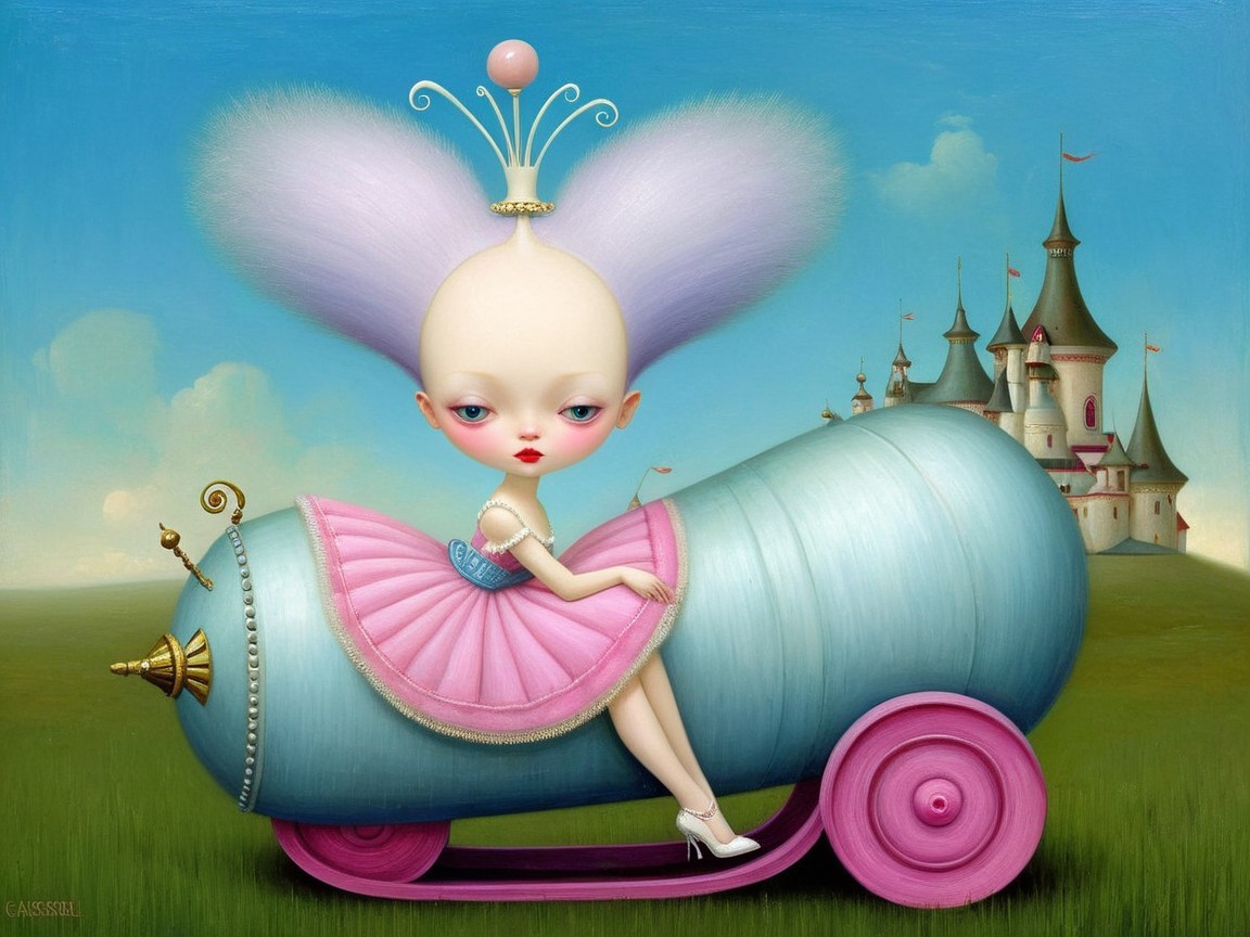 Whimsical Character on Pastel Cannon Vehicle in Fantasy Landscape