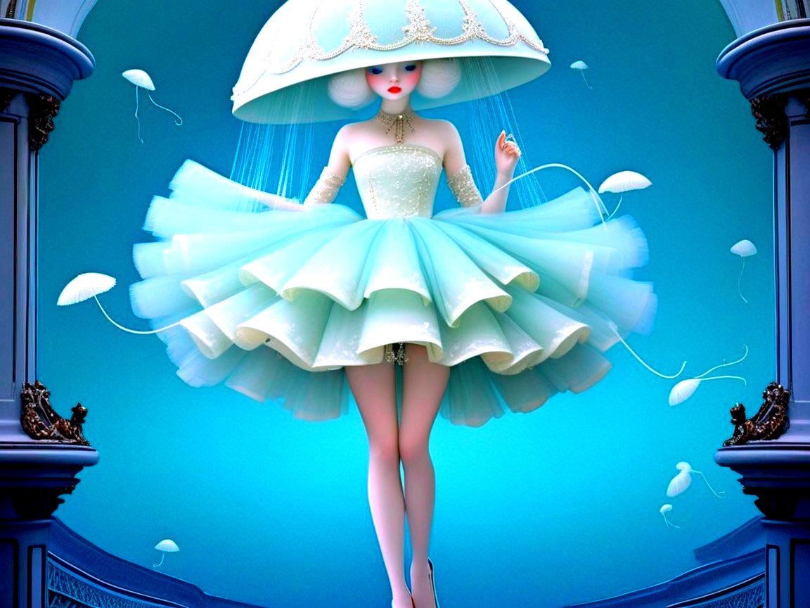 Whimsical Character in Aqua Dress with Jellyfish Headpiece