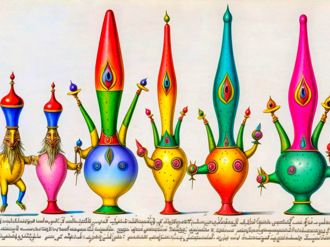 Whimsical Display of Colorful, Fantastical Vessels