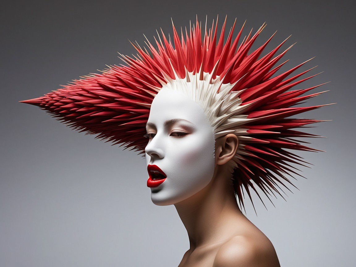 Portrait of a woman with spiky red and white hair