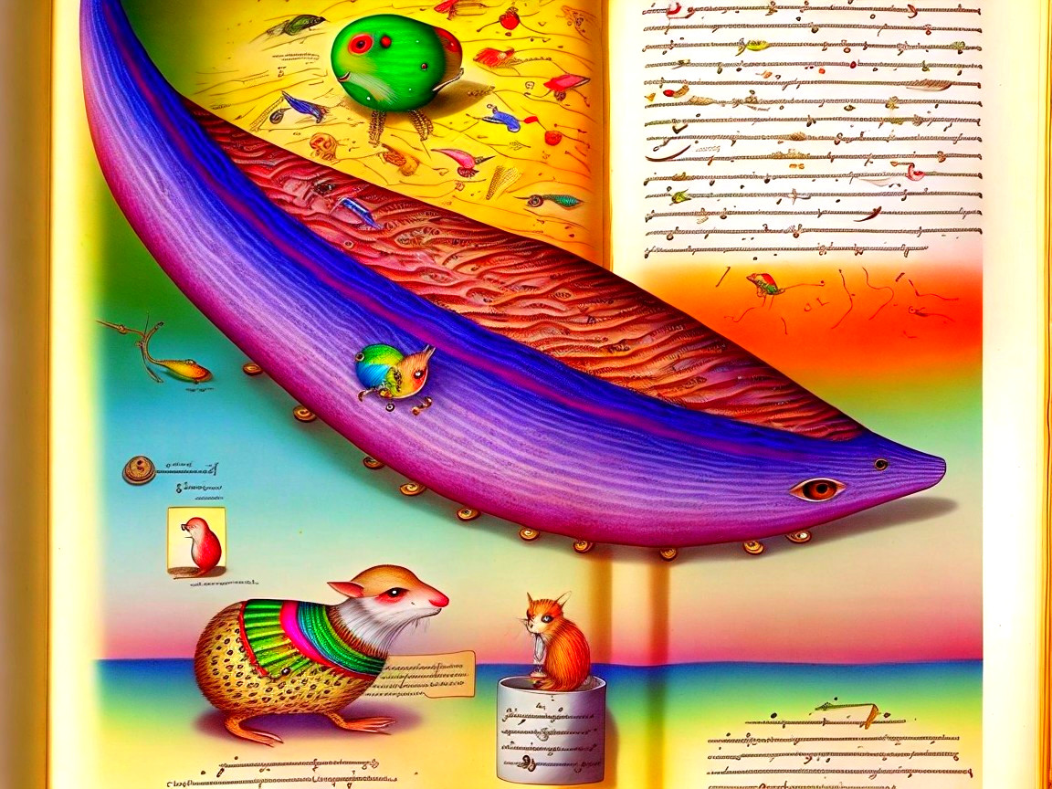 Surreal Illustration of a Whale-like Creature and Animals