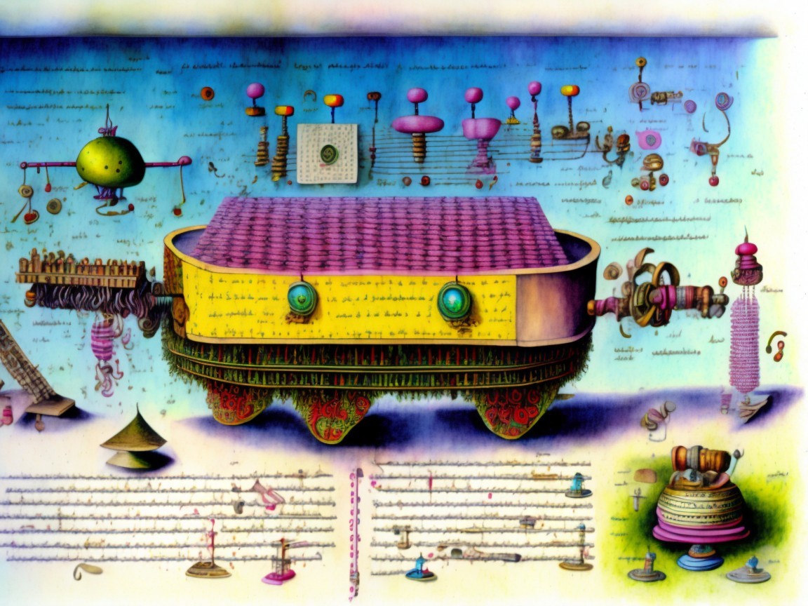 Abstract Illustration of a Yellow Machine with Orbs