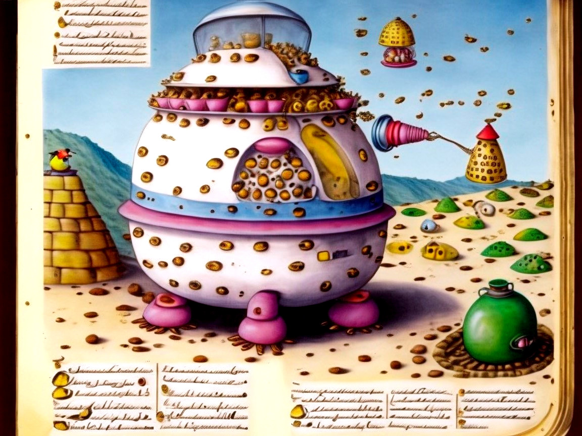 Futuristic spaceship in whimsical abstract landscape