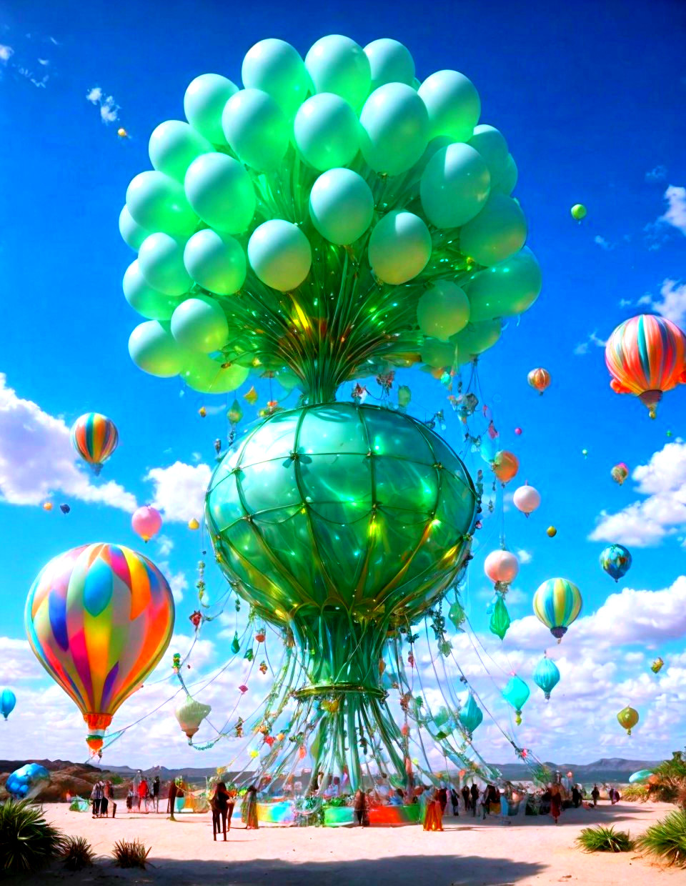 Whimsical Balloon Tree Structure Under Bright Sky