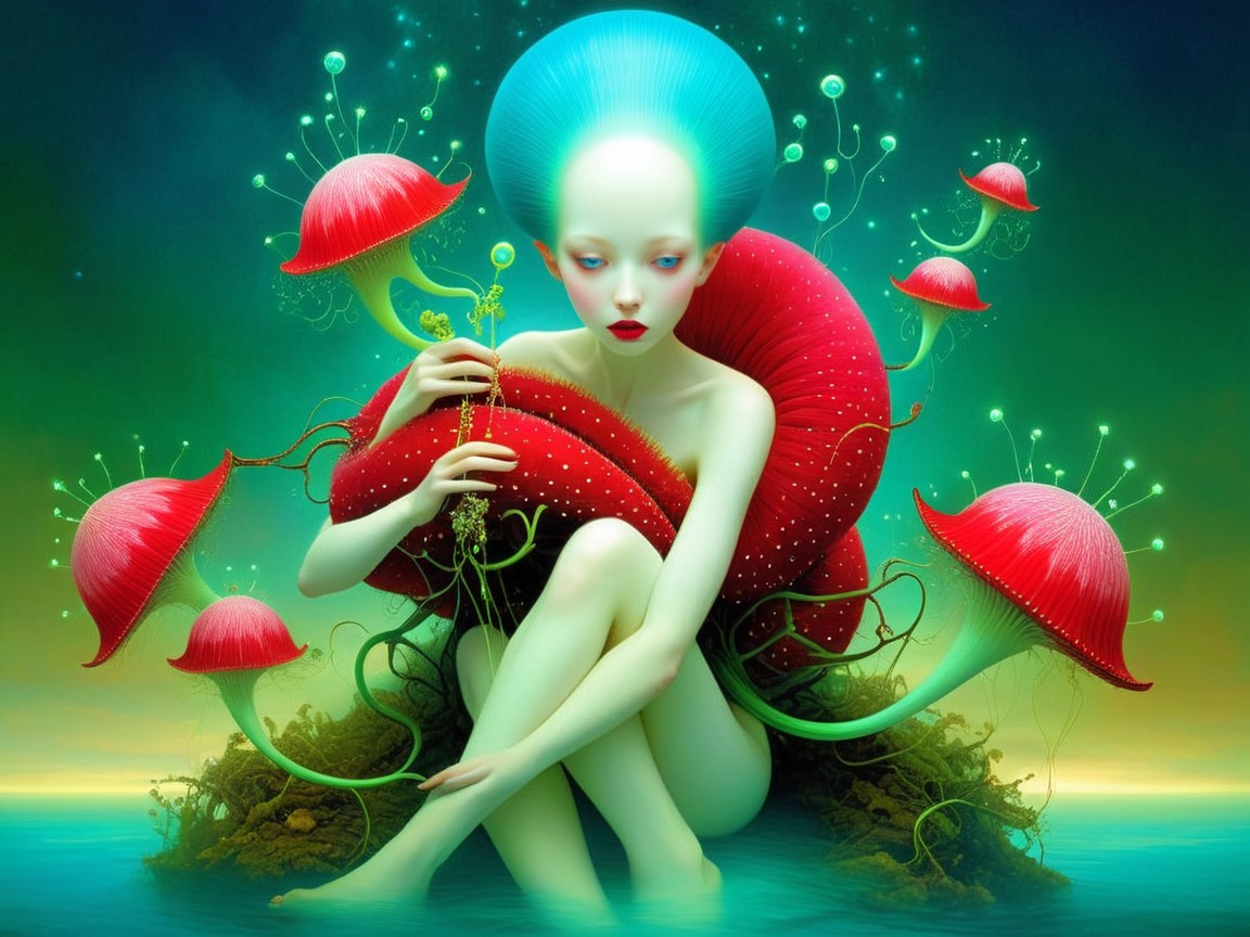 Serene Figure Amidst Vibrant Mushrooms and Nature