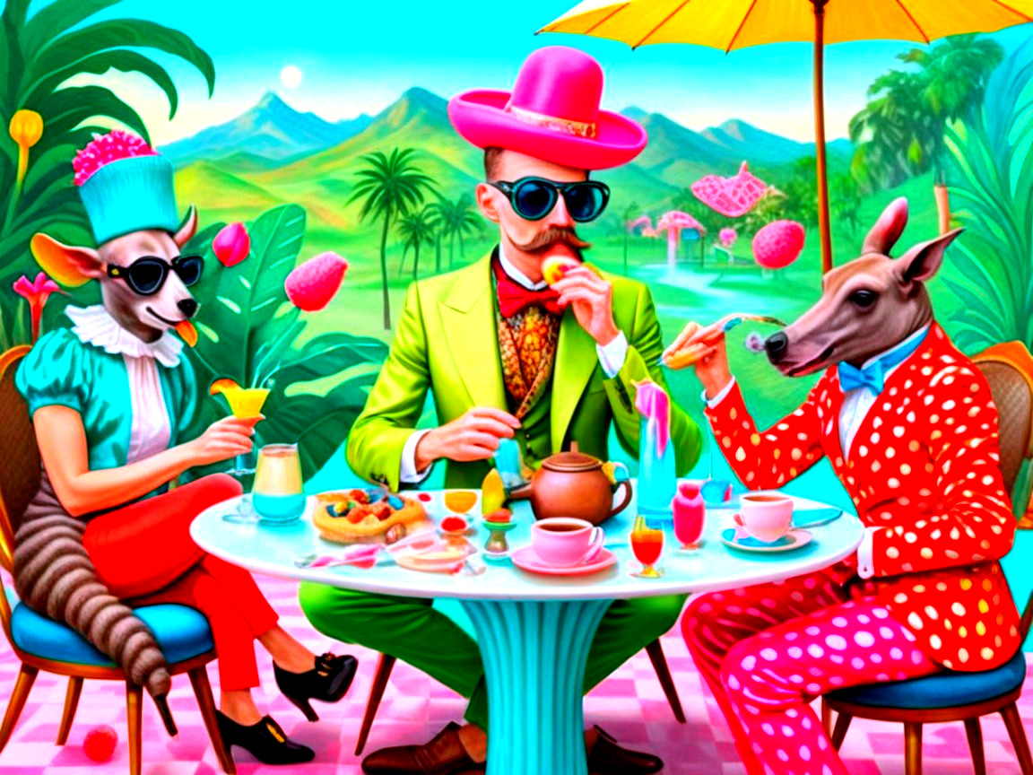 Whimsical Tea Party Illustration in Fantasy Landscape