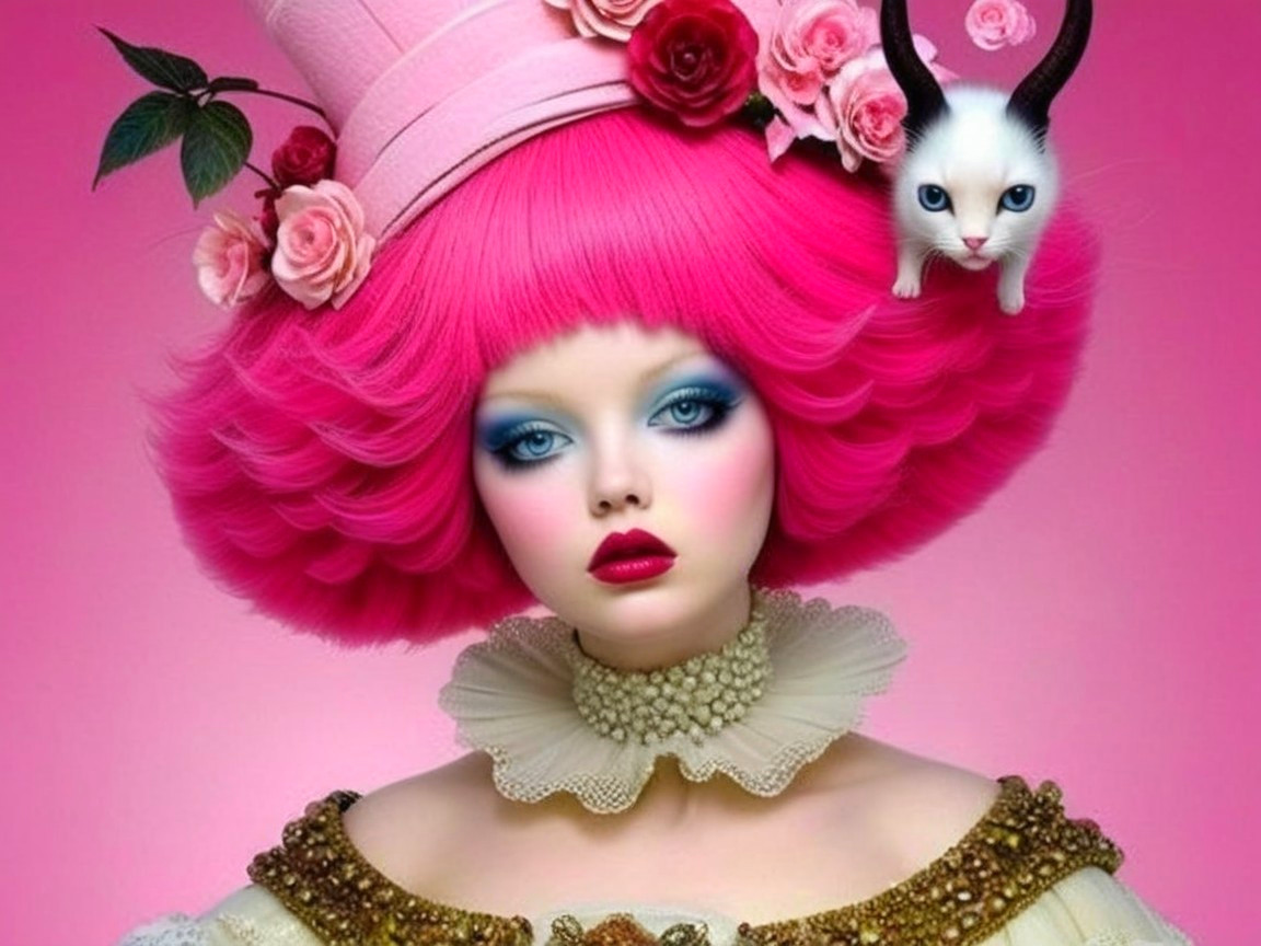 Digital Painting of a Woman with Pink Hair and Kitten