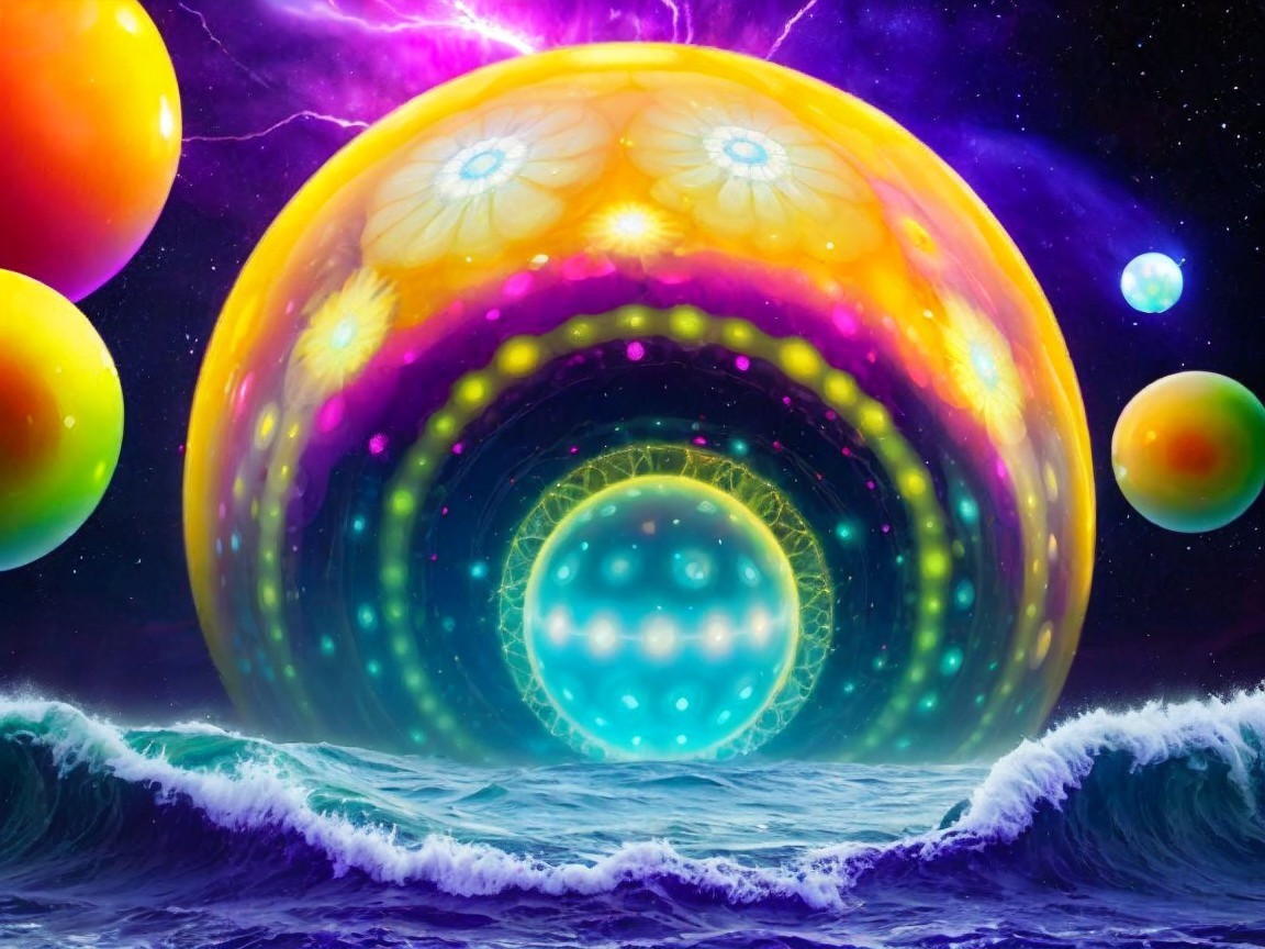 Vibrant Cosmic Scene with Colorful Spheres and Galaxy