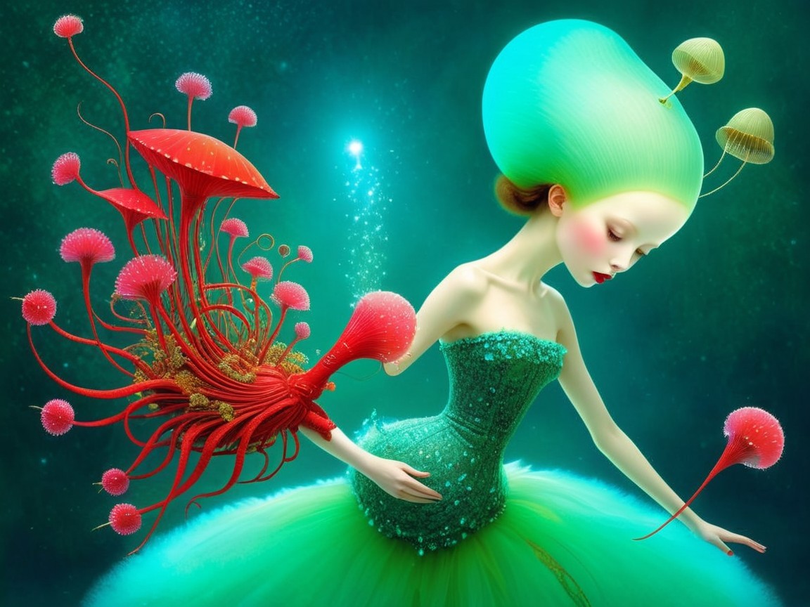 Whimsical Underwater Scene with Glowing Mushrooms