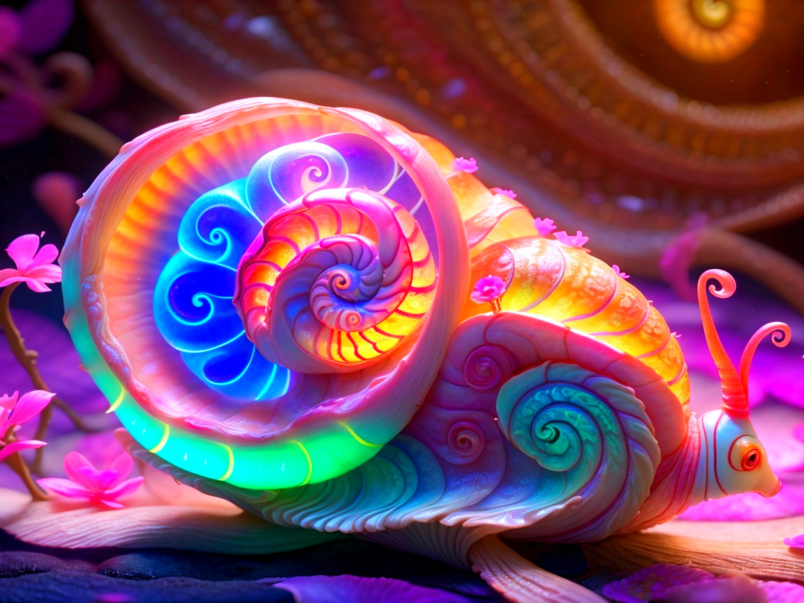 Psychedelic Illustration of a Colorful Snail and Flowers