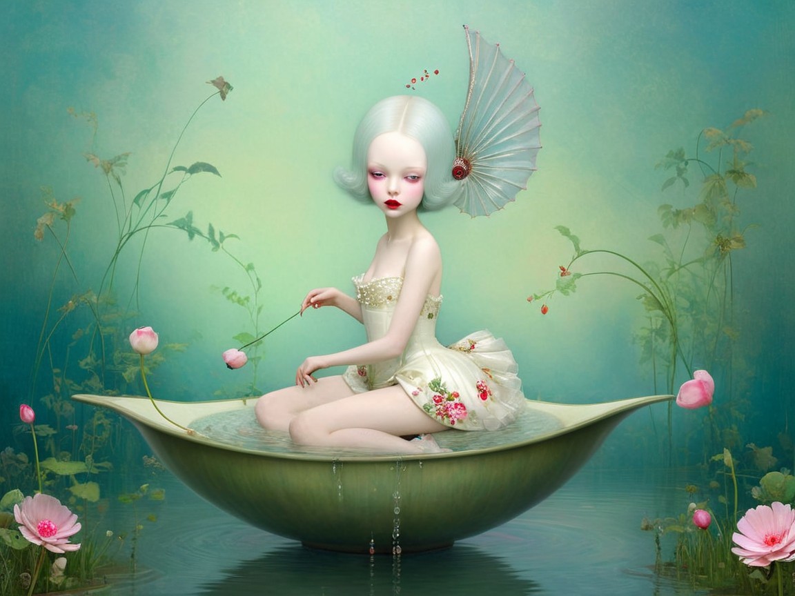 Ethereal Figure in Flower Bowl Surrounded by Nature