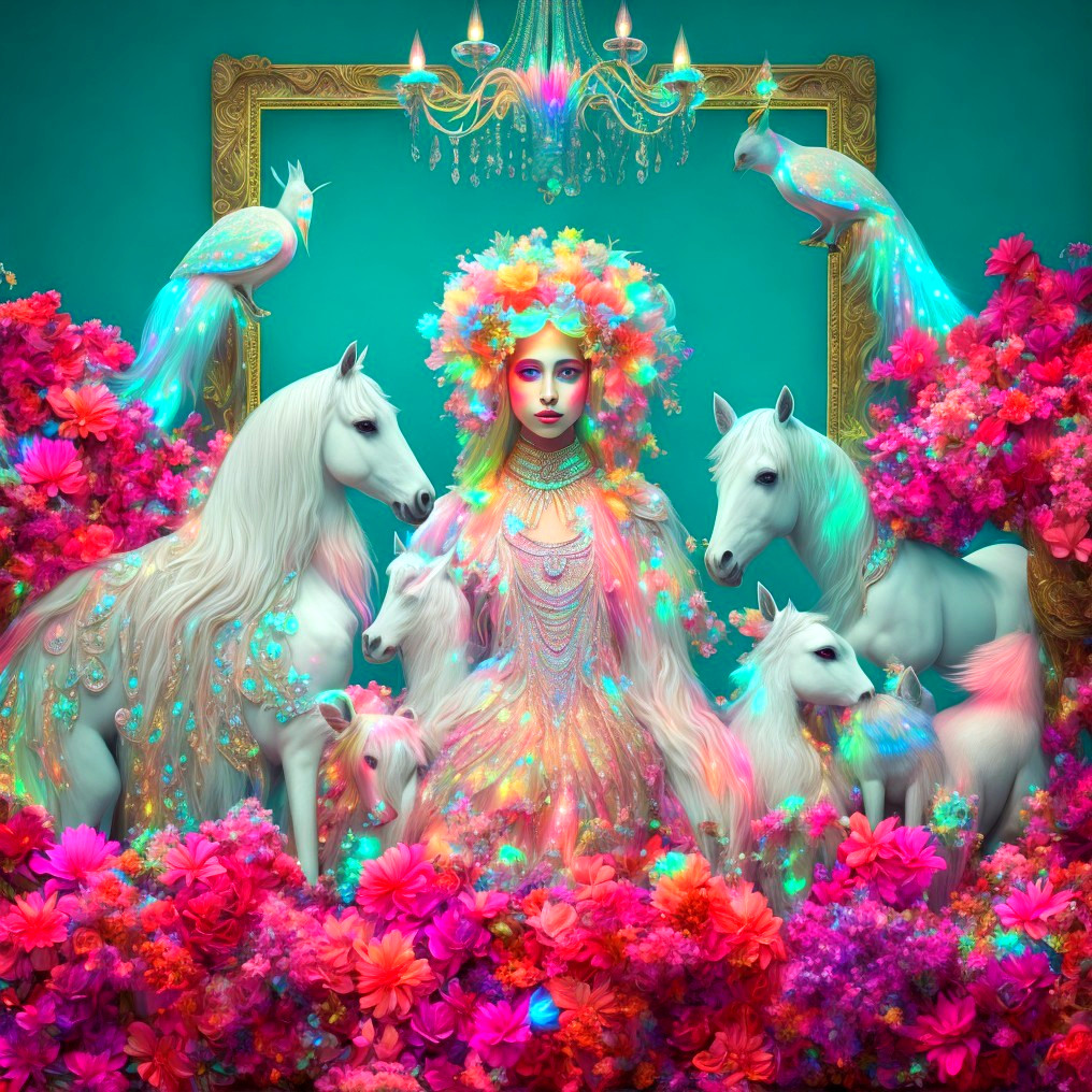 Ethereal Scene of Woman in Gown with Unicorns and Flowers