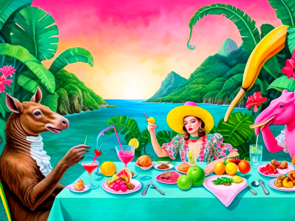 Vibrant Cartoonish Outdoor Dining Scene on Tropical Island