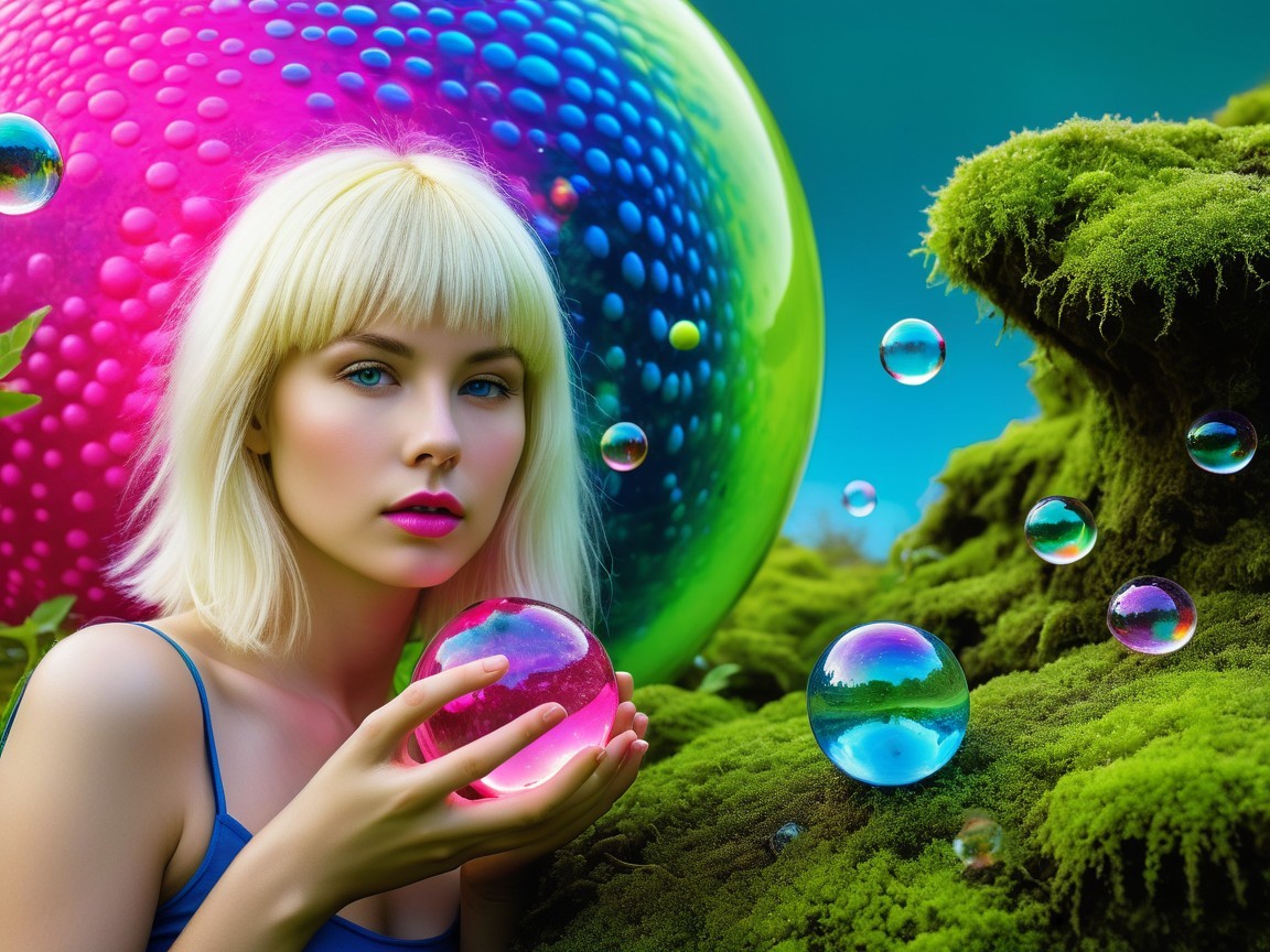 Young Woman with Crystal Ball in Dreamlike Landscape