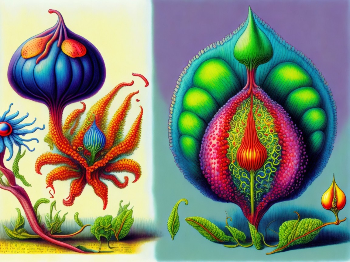 Vibrant Fantastical Flowers in Surreal Botanical Scene