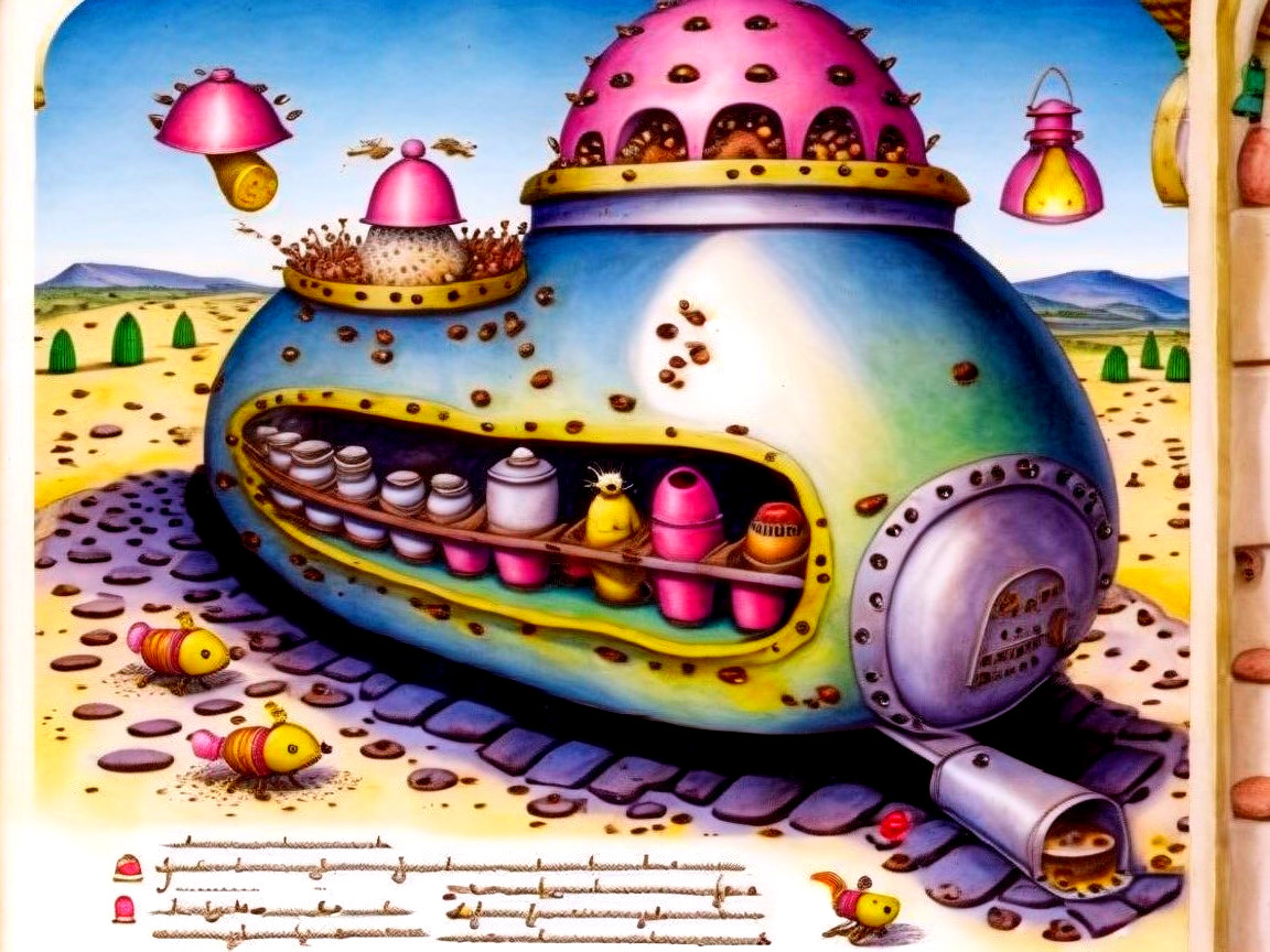 Colorful Whimsical Spaceship on Sandy Landscape