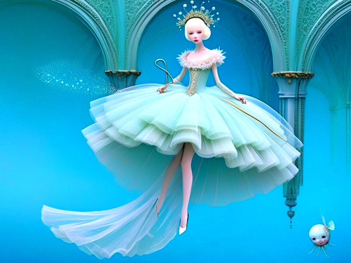 Whimsical Fantasy Scene with Doll-Like Figure and Jellyfish