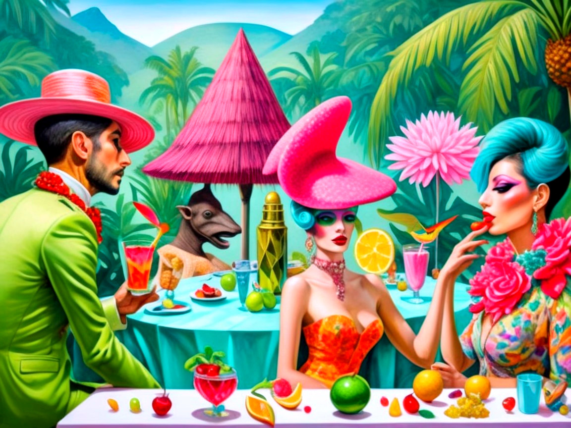 Three People at Table with Mountain Background