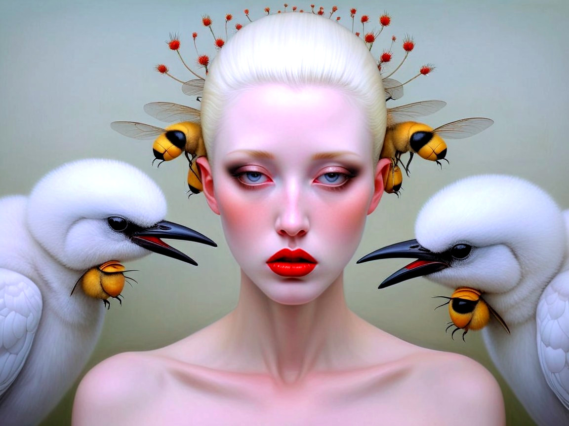 Portrait of a woman with pale skin and bold red lips