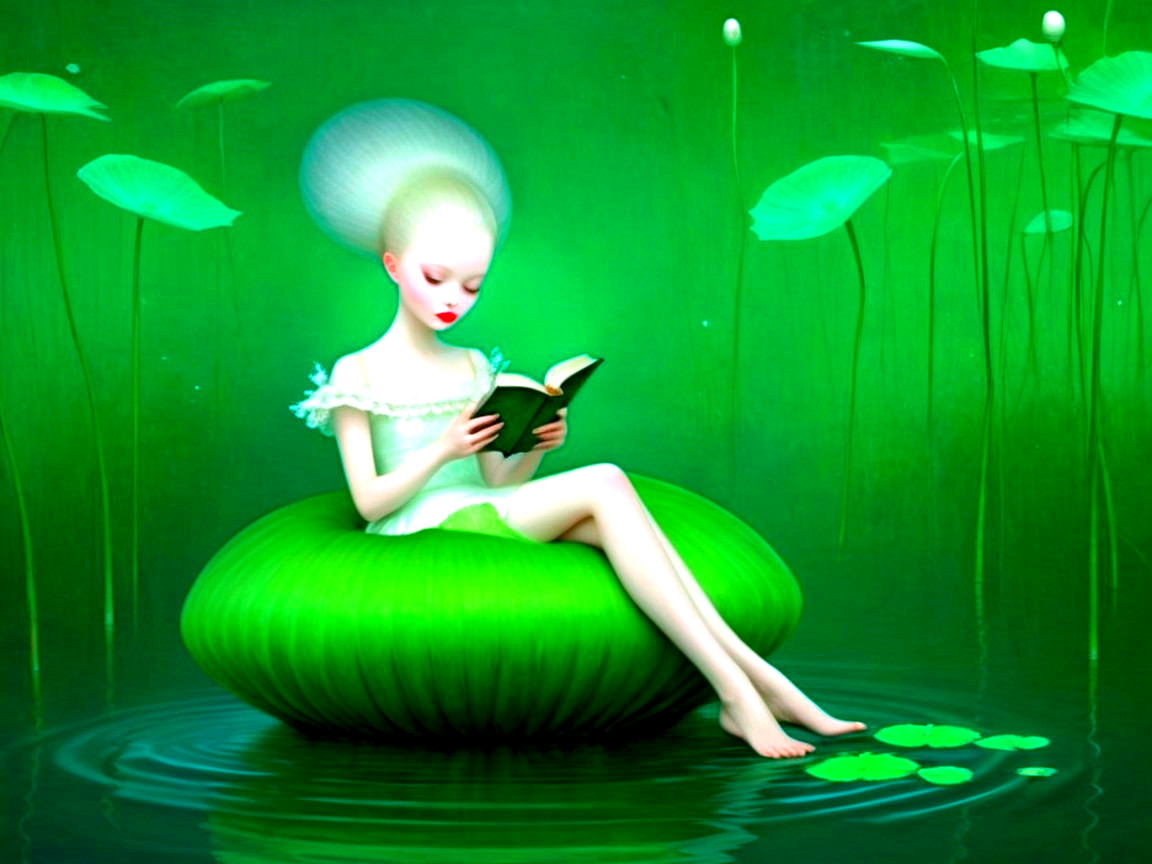 Fair-skinned female elf reading on a green lily pad