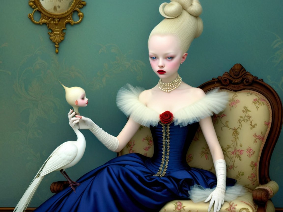 Elegant Woman in Blue Gown with Whimsical Figure