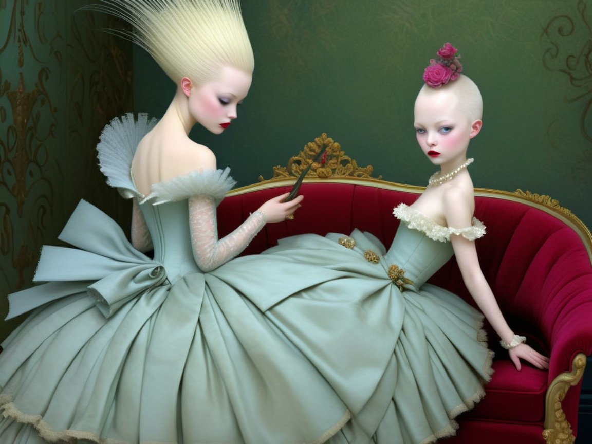 Elegant Figures on Lavish Red Sofa in Pastel Gowns