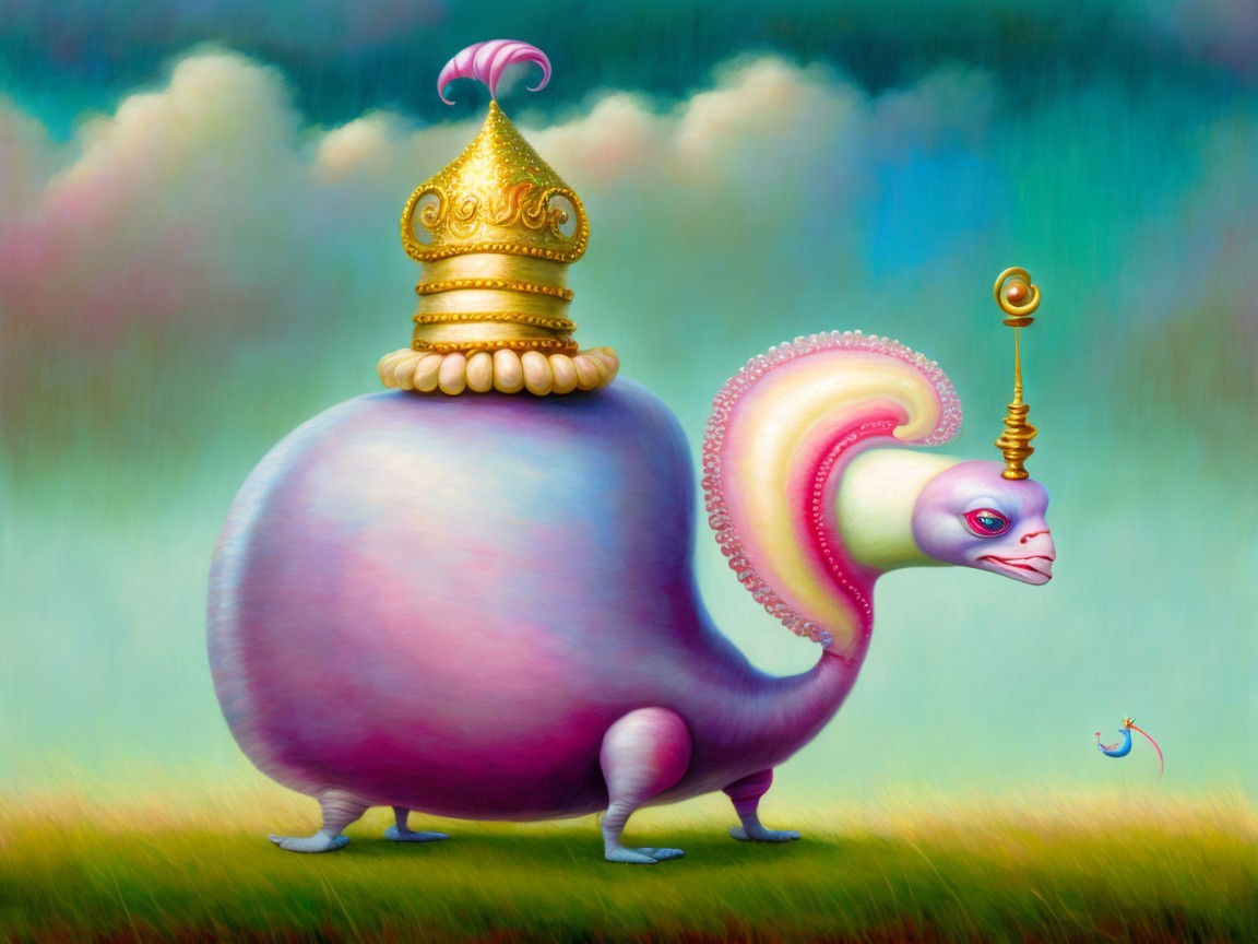 Whimsical Bird-Snail Hybrid in Pastel Landscape