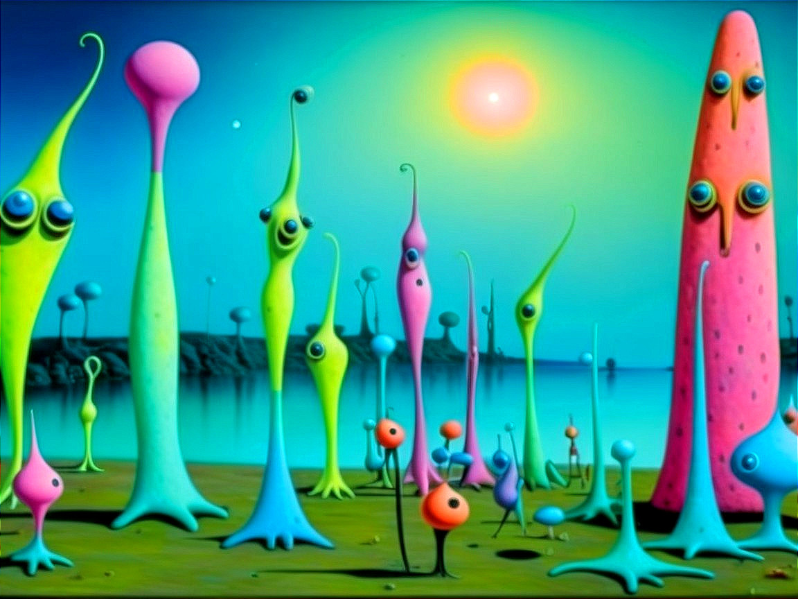 Whimsical Alien Landscape with Colorful Creatures
