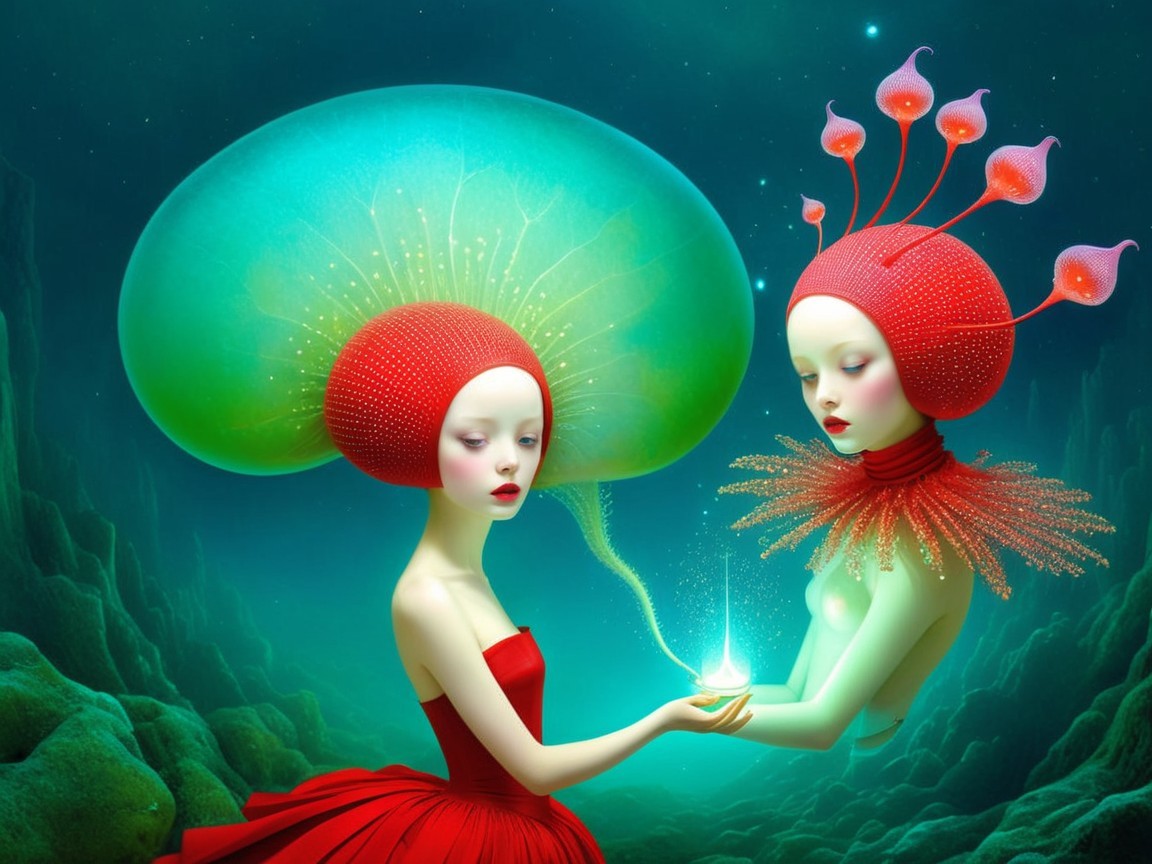 Ethereal Figures in Underwater Landscape with Luminous Orb