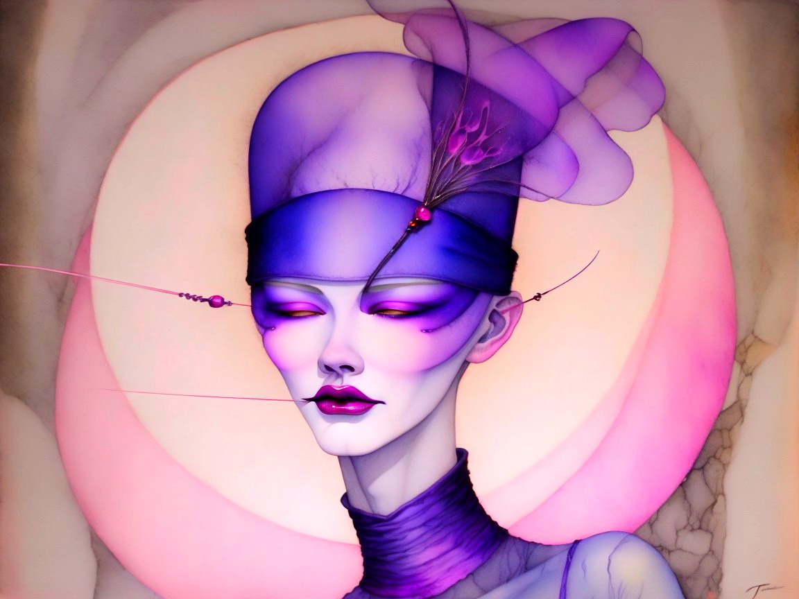 Art Deco Oil Painting of a Pale Woman in Lilac Hat