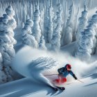 Skier Carving a Turn on Snowy Slope with Powder Spray