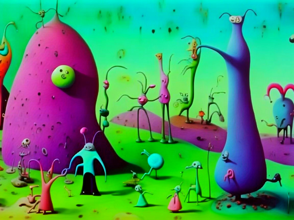 Surreal Vibrant Alien Landscape with Whimsical Creatures
